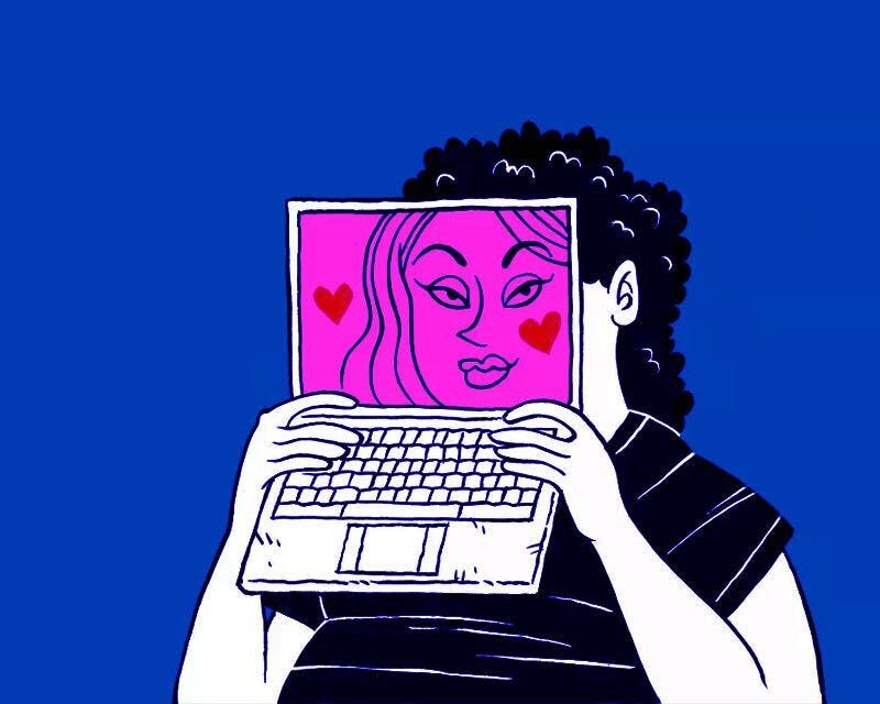 Illustrated figure holding a laptop with a beautified digital face on the screen, representing unrealistic beauty standards and identity distortion online