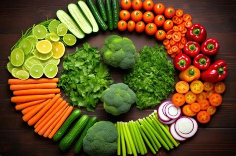 A colorful variety of fresh vegetables and fruits arranged in a circular pattern