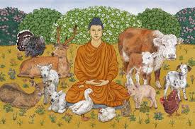 Buddha seated peacefully among animals, symbolizing compassion and non-violence in vegetarian traditions.