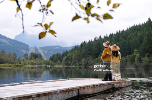 Two Women Standing by a Lake